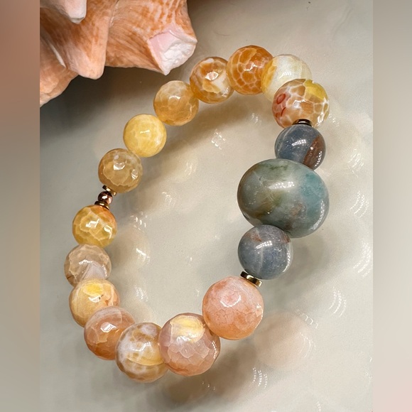 YELLO FIRE AGATE + AMAZONITE + LEMURIAN NATURAL STONES BRACELET size 7” - Picture 6 of 12